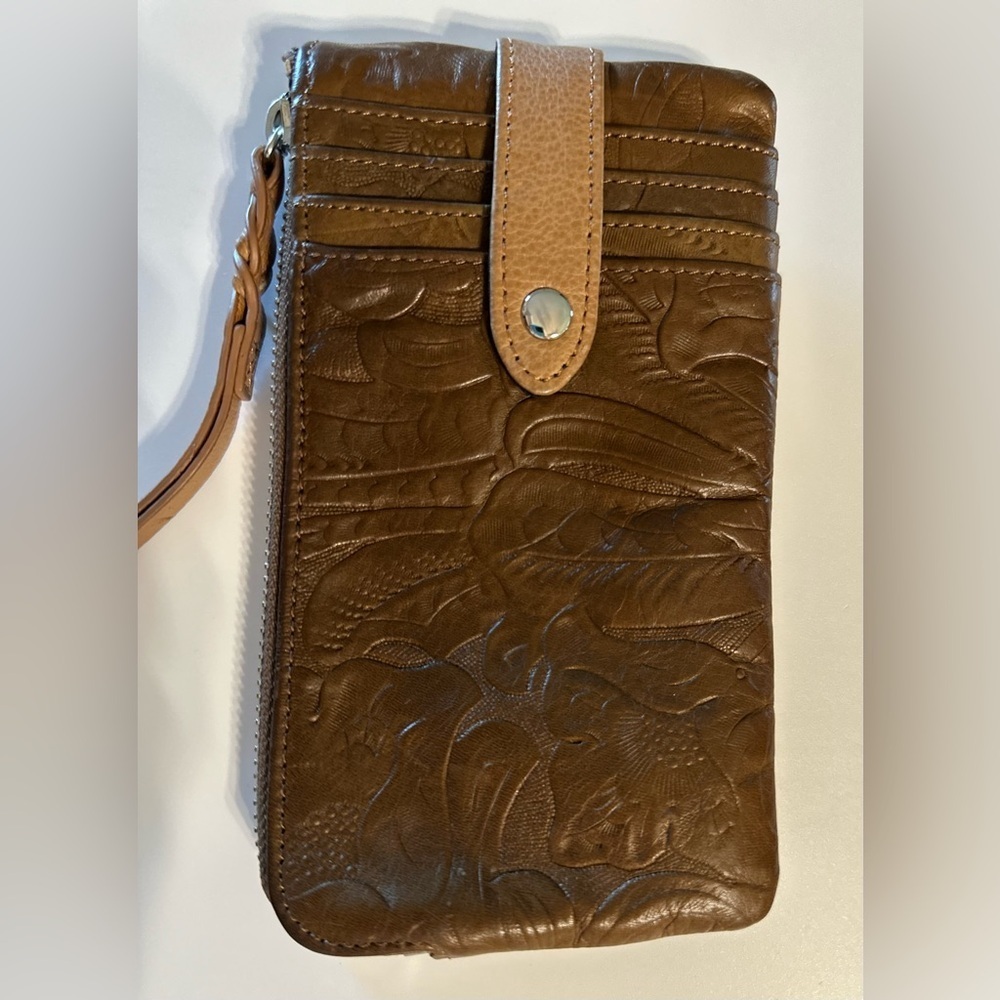 MARGOT Cognac Genuine Leather Card Case Wristlet Wallet Zipper Closure